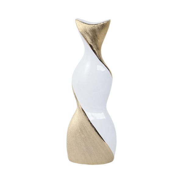 Liv & Skye 16 in. White and Gold Ceramic Twisted Decorative Vase