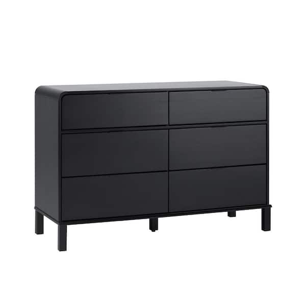6-Drawer Black Modern Solid Pine Wood Dresser with Metal Pulls and Curved Design