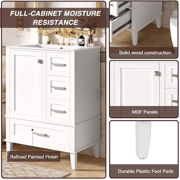 24 in. Freestanding Single Sink White Bath Vanity with White Ceramic Top (Self Assembly Needed)
