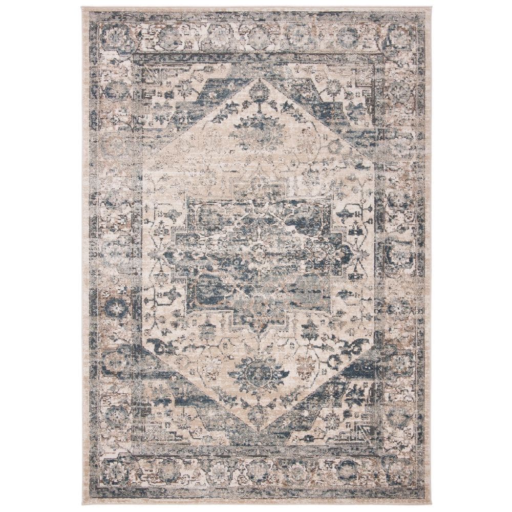 Ivory Blue Hand-Knotted Synthetic 6'7" x 9' Area Rug