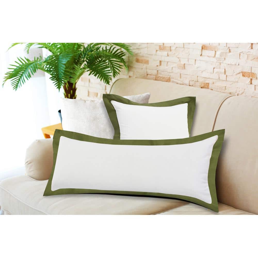 White and Green Cotton Rectangular Throw Pillow, 14" x 36"