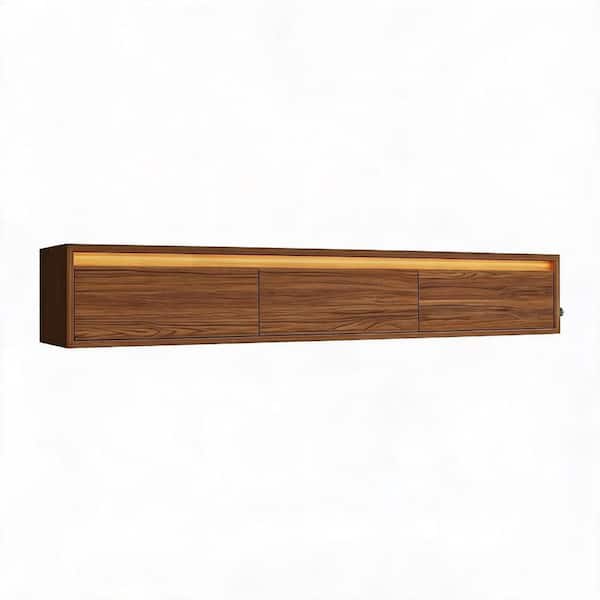 Floating TV Stand Wall Mounted TV Shelf 68.9 in. Brown MDF with LED Lights & Power Outlet Assembled