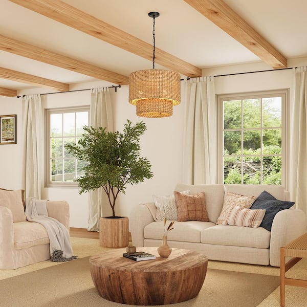 20 in. 3-Light Natural Rattan Boho Chandelier, Farmhouse Brown Rattan Pendant Light for Dining Room, Living Room, Foyer