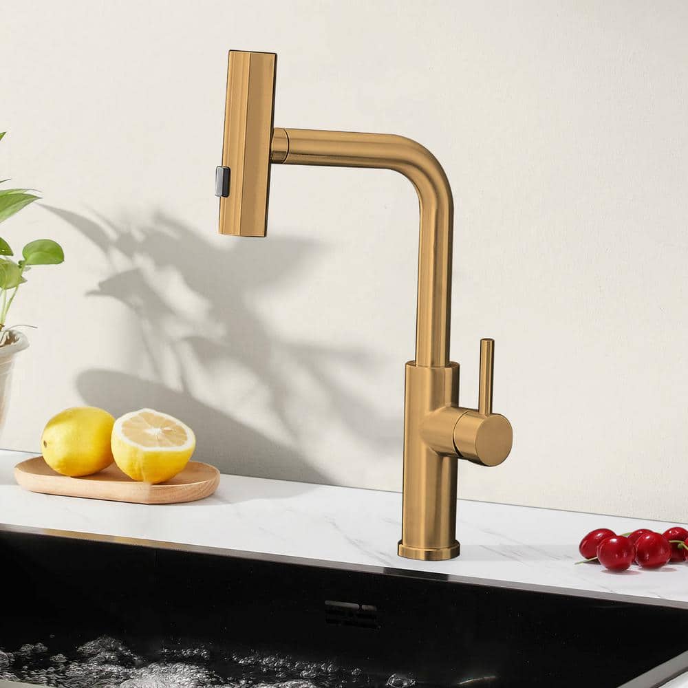 Brushed Gold Stainless Steel Single Handle Pull Out Kitchen Faucet