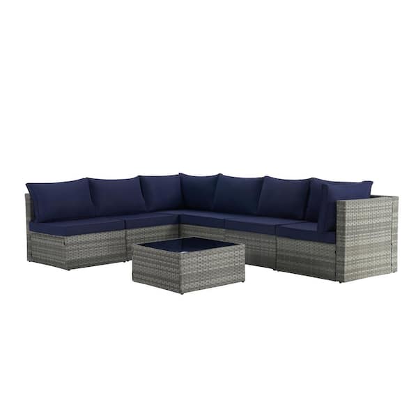 Zeus & Ruta Gray 7 Piece PE Wicker Outdoor Patio Sectional Set Couch with Coffee Table and Blue Cushion for Porch, Garden, Backyard
