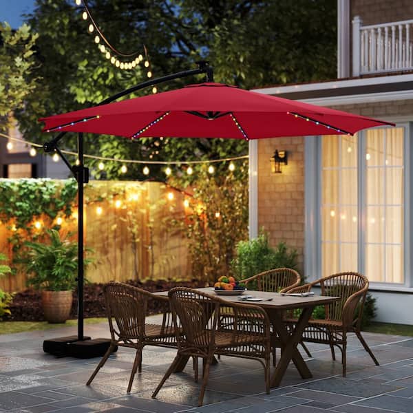 10 ft. Solar Offset Hanging Tilt Cantilever Patio Umbrella with Base in Red