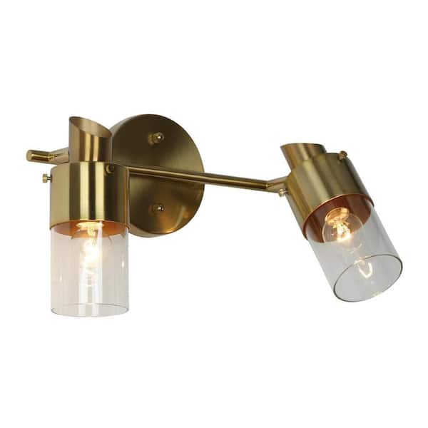 Modern 12.5 in. 2-Light Adjustable Brass Wall Sconce with Cylinder Glass Shade, Mid-Century Vanity Lights for Bathroom
