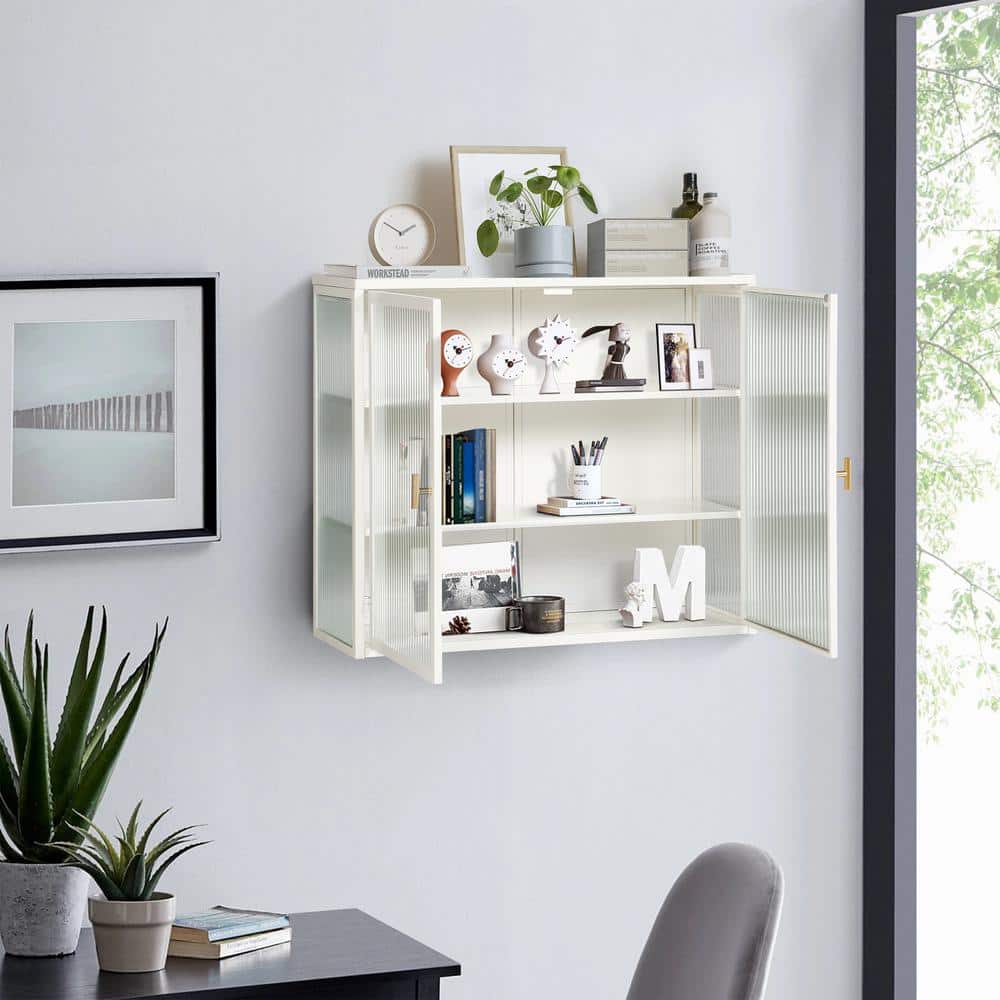 White Iron and Glass Wall-Mounted Pantry Organizer Cabinet