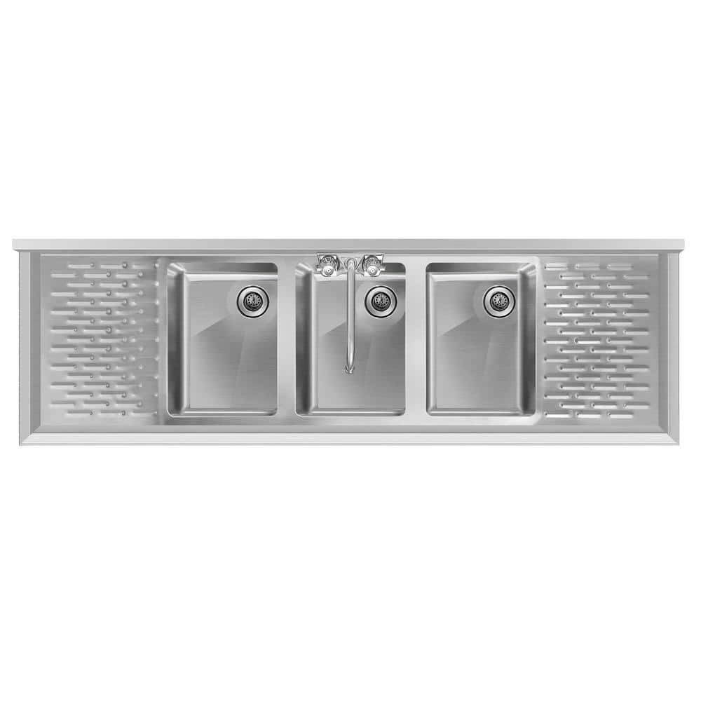 60 in. Stainless Steel Commercial Bar Sink with Copper Faucet and Dual Drainboards