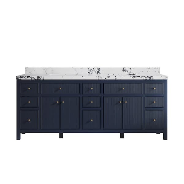 Willow Collections Sonoma 84 in. Double Sink Freestanding Navy Blue Bath Vanity with Viola Night Qt. Top Unassembled