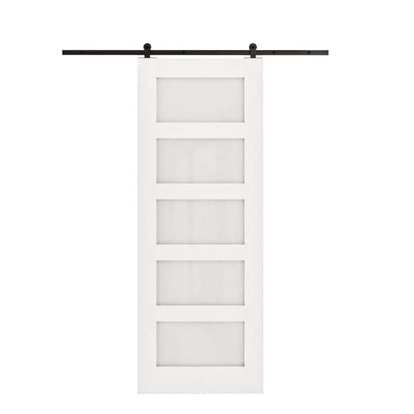 EH PUERTA 96 in. x 84 in. 5-Lite Tempered Frosted Glass Black Finished MDF Sliding Barn Door with Hardware Kit and Soft Close