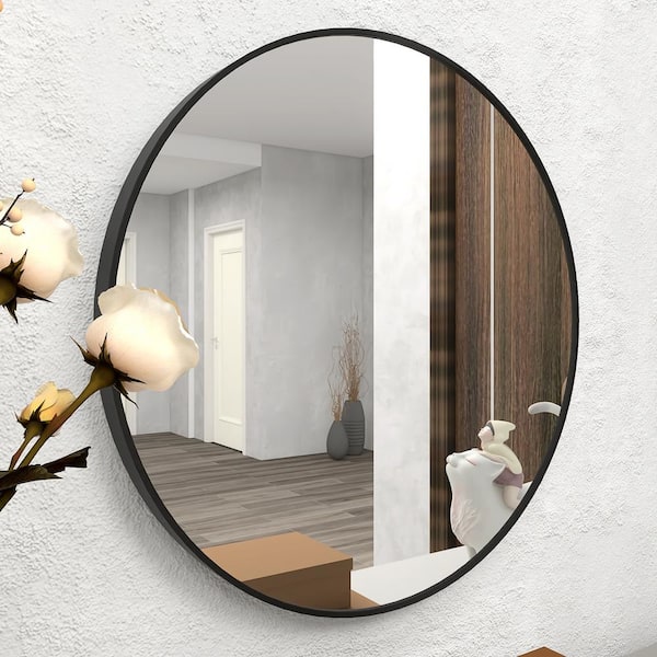 Unbranded 24 in. W x 24 in. H Round Framed Wall Decor Mirror with Black Aluminum for Bedroom