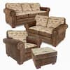 Full set of brown microfiber sofa and armchairs with ottomans.