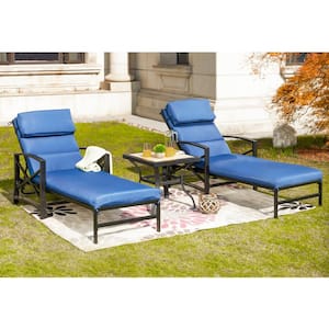 3-Piece Metal Outdoor Chaise Lounger with Blue Cushions