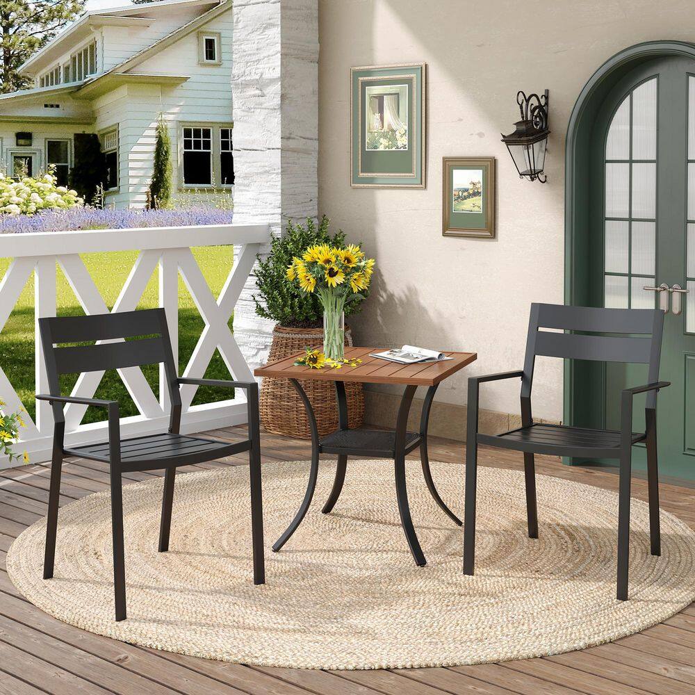 3-Piece Metal Outdoor Patio Dining Set with 27.6 in. Walnut Square Slatted Table and 2 Black Stackable Dining Chairs price history on PriceWatchPro