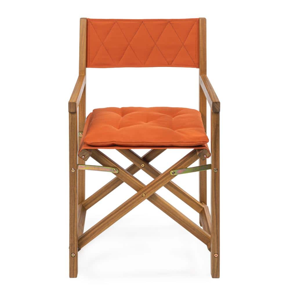Mid-Century Teak Brown Acacia Wood Director Chair with Orange Cushions
