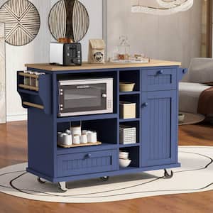 Dark Blue Rolling Kitchen Island Cart with Rubber Wood Top and Microwave Cabinet (51 in. W)