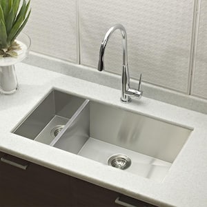 Houzer Contempo 33 in. Stainless Steel Undermount 70/30 Double Left Prep Bowl Kitchen Sink with Strainer - CTO-3370SL