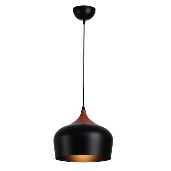 11.8 in. 1-Light Dome Pendant Light with Black Metal Shade, Industrial Adjustable Height Wood Chandelier Fixture