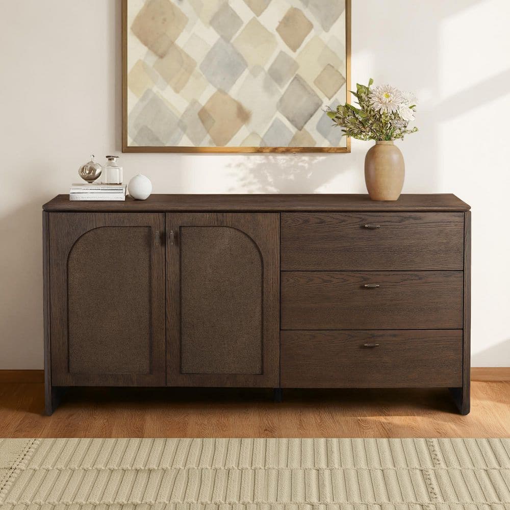 Audrey 63 in. Brown Wood Buffet Vintage Wood Sideboard with Fabric-Inlaid Doors price history on PriceWatchPro