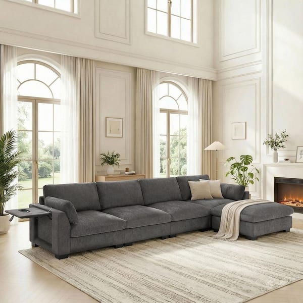 130 in. Chenille L-Shape Sectional Sofa in Gray with Ottoman, Folding Table, Dual-Port Charging, Side Storage Pockets