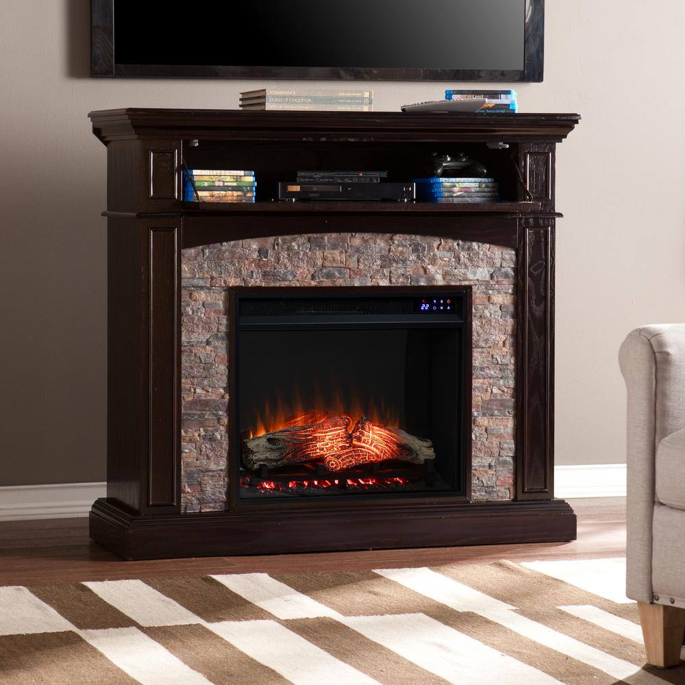 Southern Enterprises Broghane 45.5 in. Touch Panel Electric Fireplace in Ebony and Black w/Faux River Stone, Ebony and black finish w/ faux river stone -  HD053653