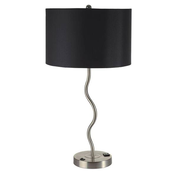ORE International 28.5 in. Chrome Black Wave Table Lamp with Convenient Outlet and Adjustable Bulb Socket