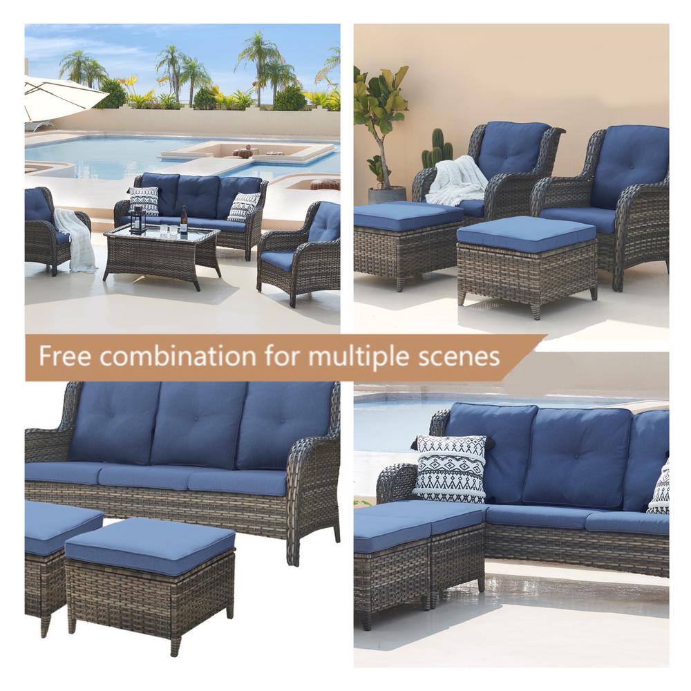 Carolina Brown Steel Wicker Outdoor Ottoman with Blue Cushions