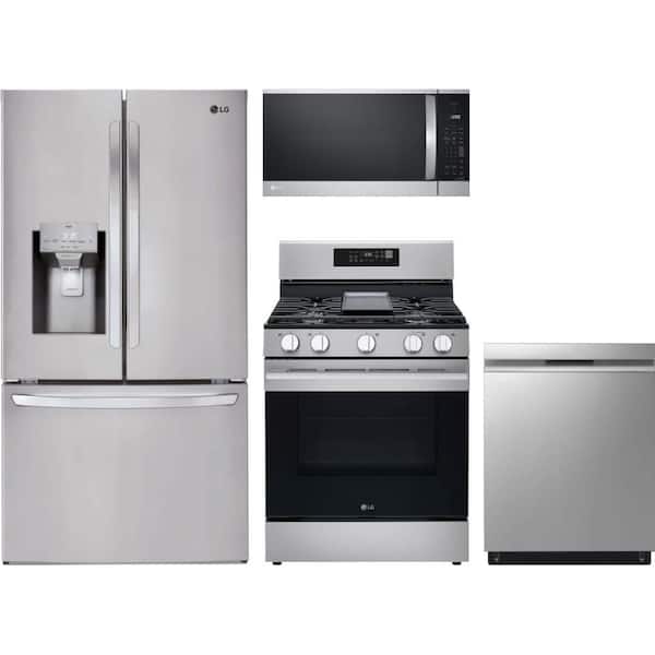 28 cu. ft. Standard Depth French Door Refrigerator with 5 Burner Freestanding Gas Range & Dishwasher with QuadWash