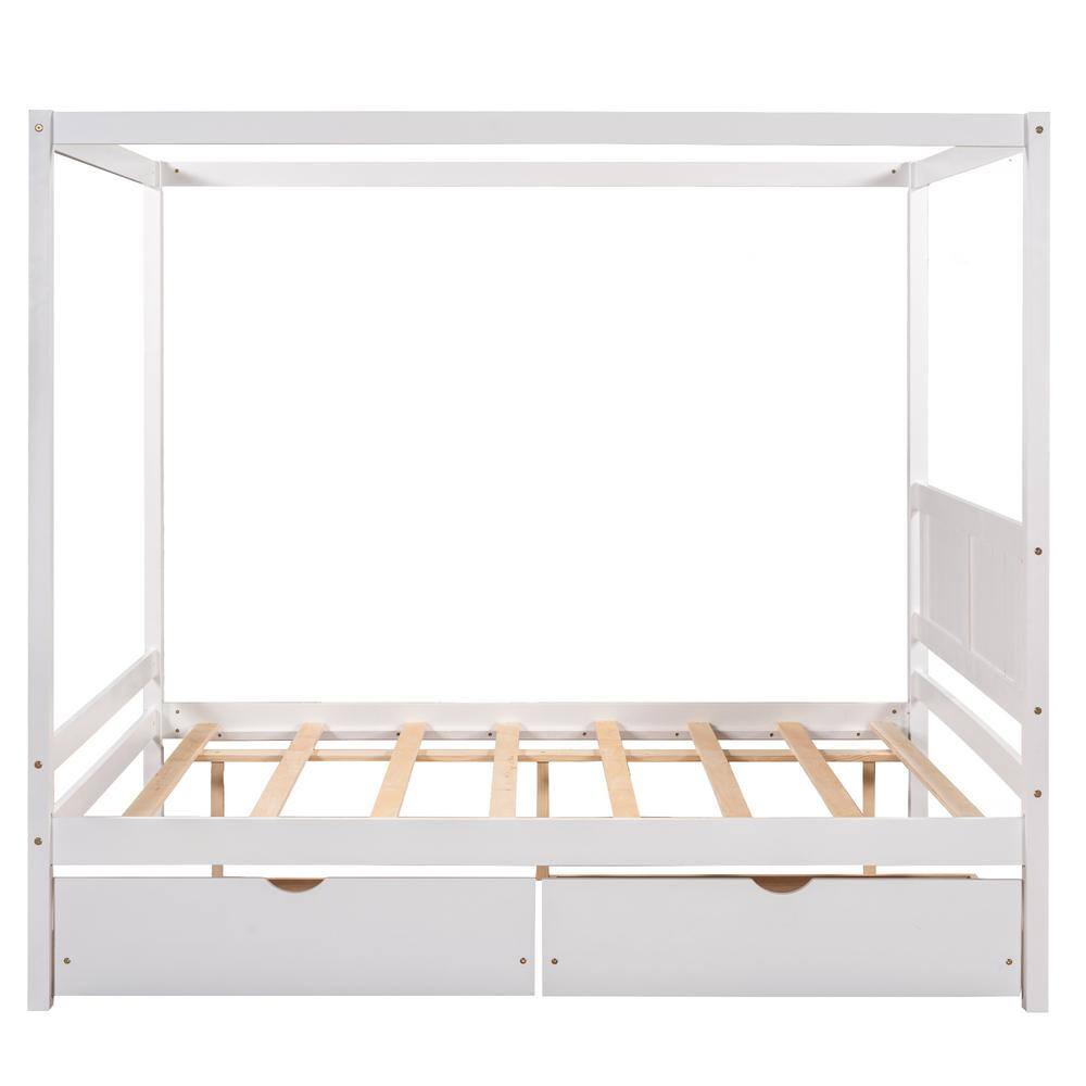 ANBAZAR White Full Size 57 in. Classic Canopy Poster Bed with 2Drawers