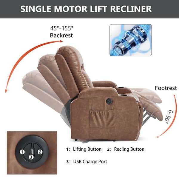PU Leather Power Lift Recliner Chair with Massage & Heat, Brown Recliners with USB and Type C Ports, 2 Steel Cup Holders