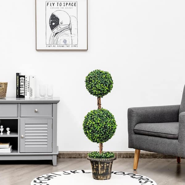 HONEY JOY 3 ft. Artificial Topiary Tree Other Fake Green Plants in Pots Double Ball Tree Decorative Trees for Home Office