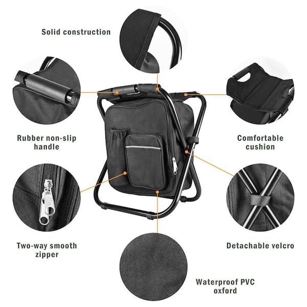 Black Metal Folding Stool Backpack Insulated Cooler Bag Camping Hunting Fishing Chair