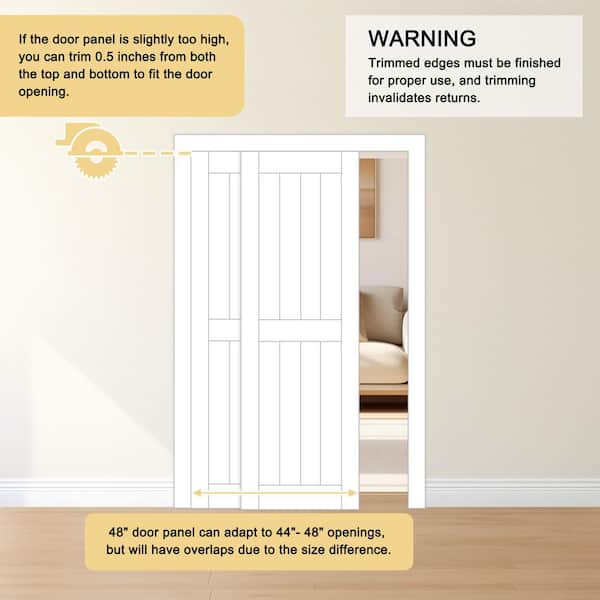 48 in. x 80 in. 3-Panel White Primed MDF Sliding Door with Hardware and Black Handles
