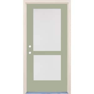 36 in. x 80 in. Right-Hand/Inswing 2 Lite Satin Etch Glass Cypress Painted Fiberglass Prehung Front Door w/4-9/16" Frame