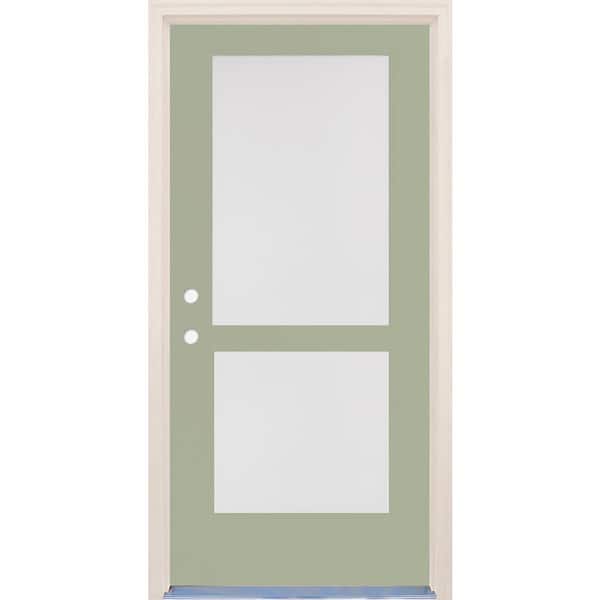 Builders Choice 36 in. x 80 in. Right-Hand/Inswing 2 Lite Satin Etch Glass Cypress Painted Fiberglass Prehung Front Door w/4-9/16" Frame