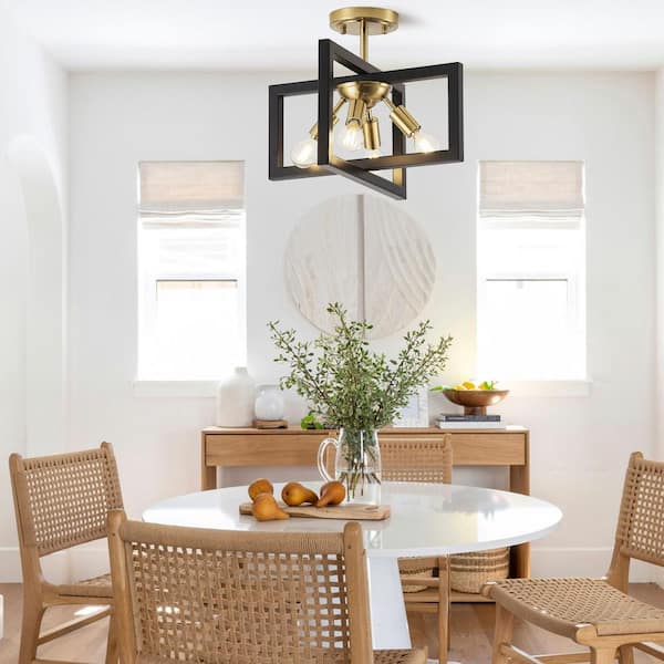 14.5 in. 4-Light Geometric Black and Brass Modern Semi-Flush Mount Ceiling Light with No Bulbs Included