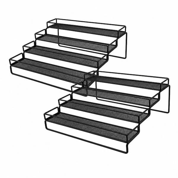 2-Piece 4-Tier Black Metal Spice Rack Organizer, Expandable Shelf, Step Storage Holder with Protection Railing