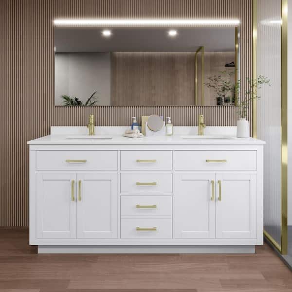 Wyndham Collection Beckett TK 72 in. W x 22 in. D x 35 in. H Double Sink Bath Vanity in White with Brushed Gold Trim White Quartz Top