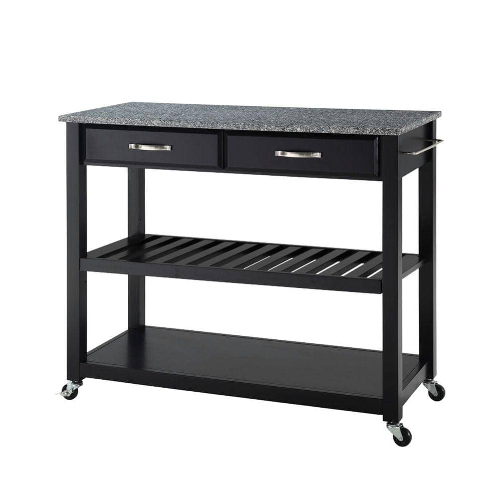 Black Granite Top Kitchen Cart with Wine Rack and Storage