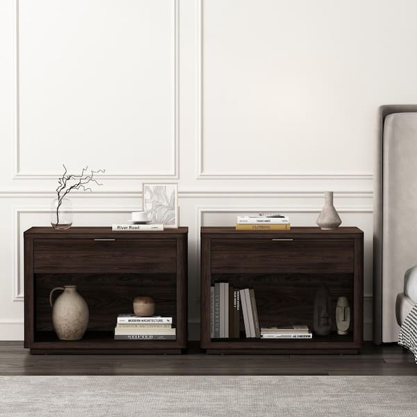 Manhattan Comfort Evelyn Modern Brown 1-Full Extension Drawer 32 in. W Nightstand (Set of 2)