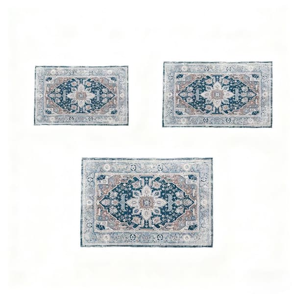 5 X 7 Blue Floral Washable Area Rug for Bedroom, Dining Room, Living Room