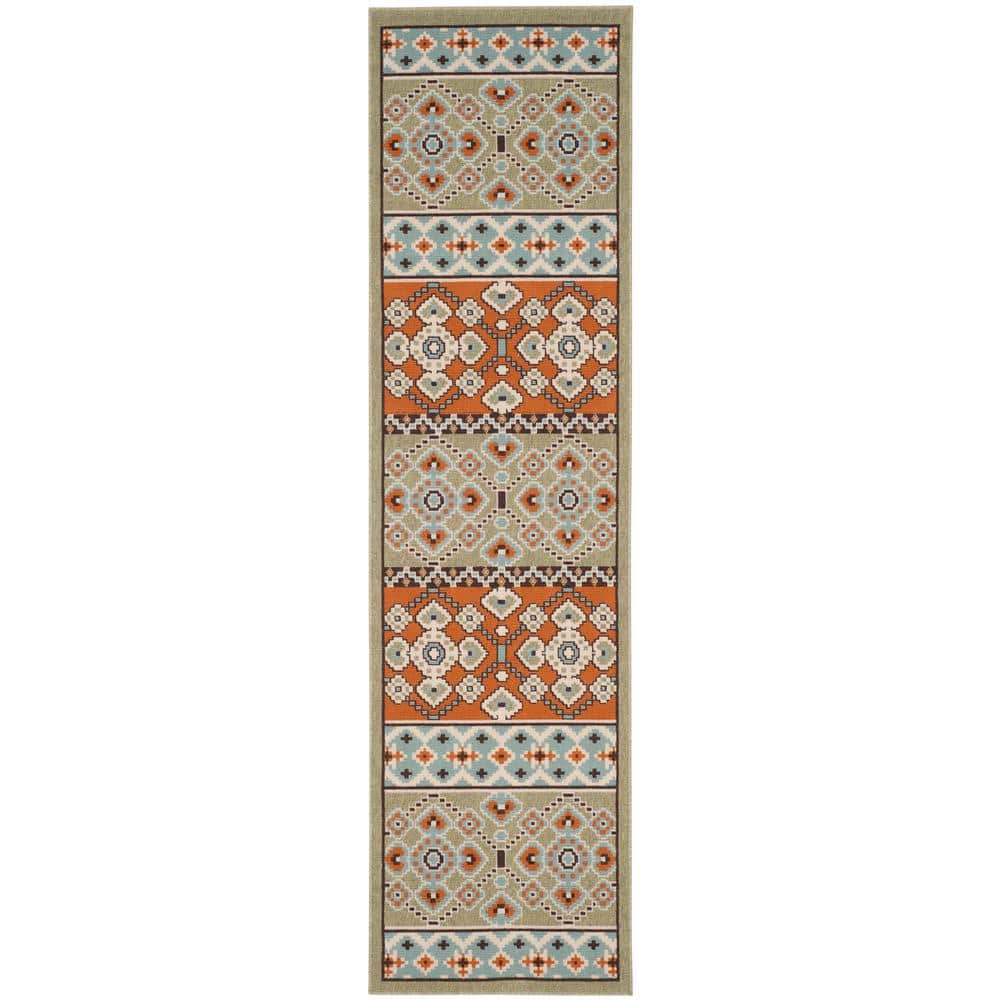 Green and Terracotta Synthetic Reversible Runner Rug