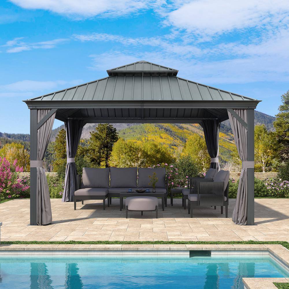 Grey 13' x 13' Gazebo with Galvanized Steel Roof and Curtains