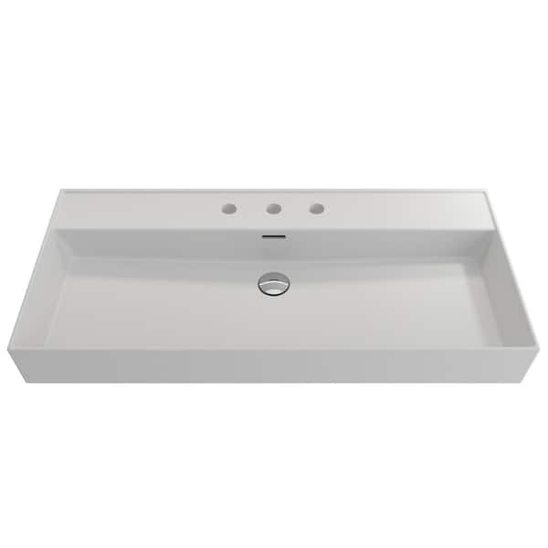 BOCCHI Milano 39.75 in. 3-Hole Matte White Fireclay Rectangular Wall-Mounted Bathroom Sink with Overflow