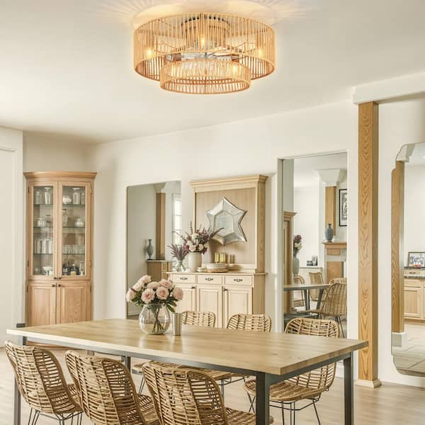 20 in. Indoor Khaki Kraft Paper Rope Cage Ceiling Fan with Lights and Remote Control, Flush Mount Fandalier for Bedroom