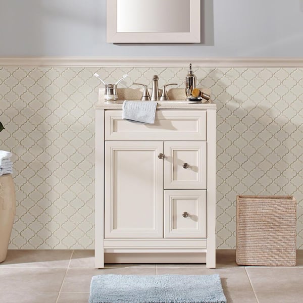 Antique White Arabesque 4 in. x 4 in. x 8 mm Glossy Ceramic Mesh-Mounted Mosaic Tile - 4 in. x 4 in. Tile Sample