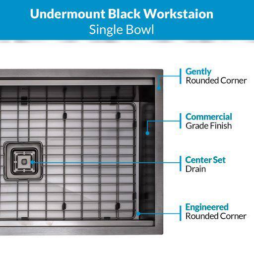32'' Gun Metal Black Stainless Steel Undermount Single Bowl Kitchen Sink