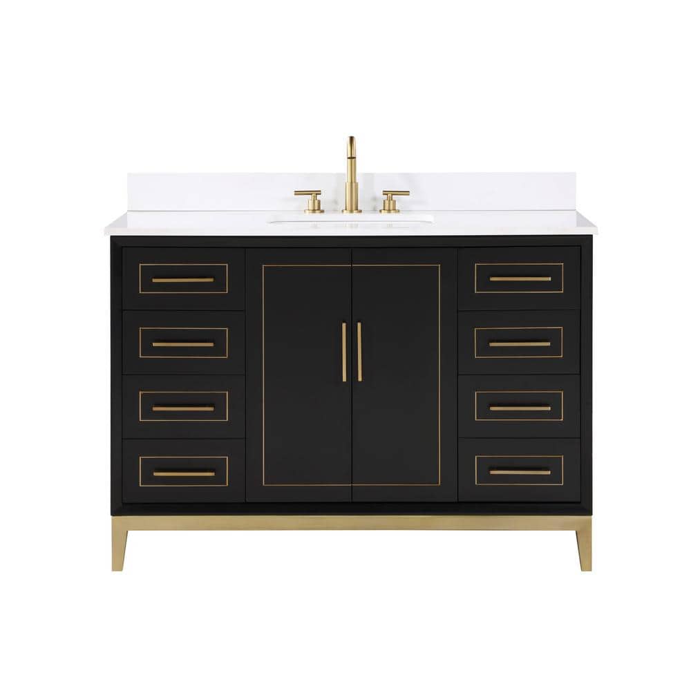 Midnight Black and White Quartz 48'' Bathroom Vanity with Brass Accents