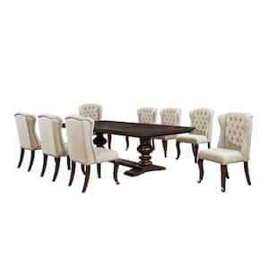 Juanita 9-Piece Rectangular Beige Wood Top Cappuccino Dining Table Set Linen Fabric Chairs